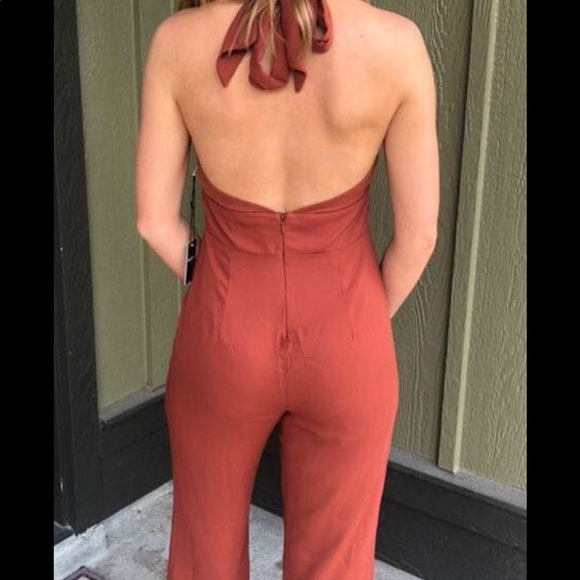 Rust Colored Halter Wide Legged Backless Jumpsuit - Picture 3 of 4